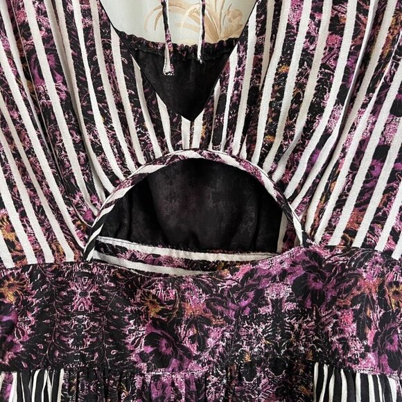 Free People Womens Midi Dress Sz 2 Cut Out Stripe Floral Boho Beachy Mixed Media - Picture 6 of 8